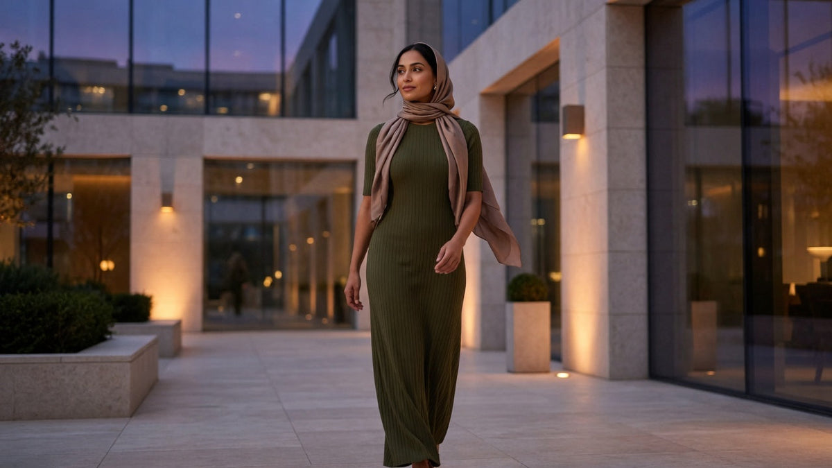 Covered olive maxi dress at dusk