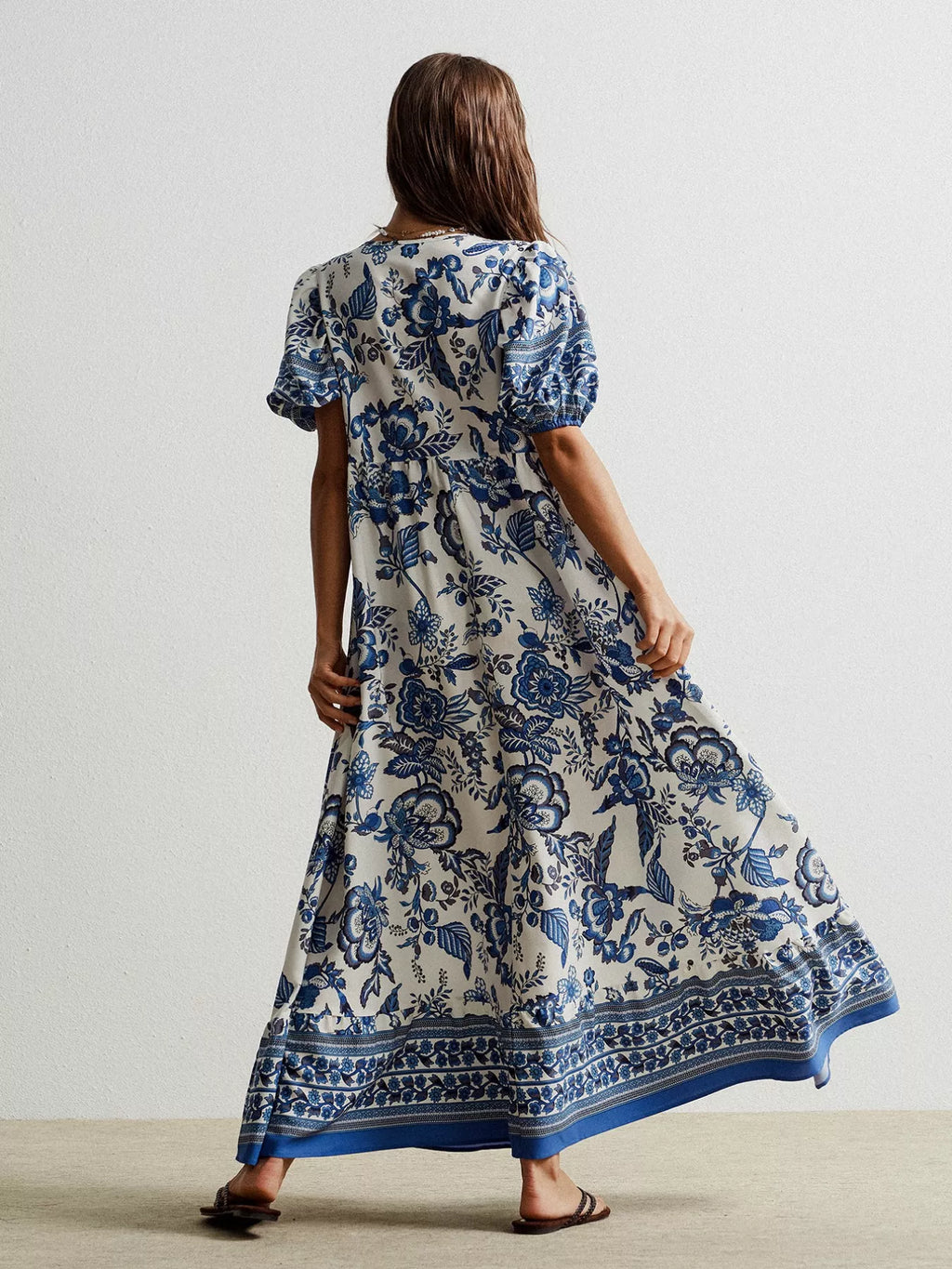 Floral Print Tie-Neck Puff Sleeve Maxi Dress