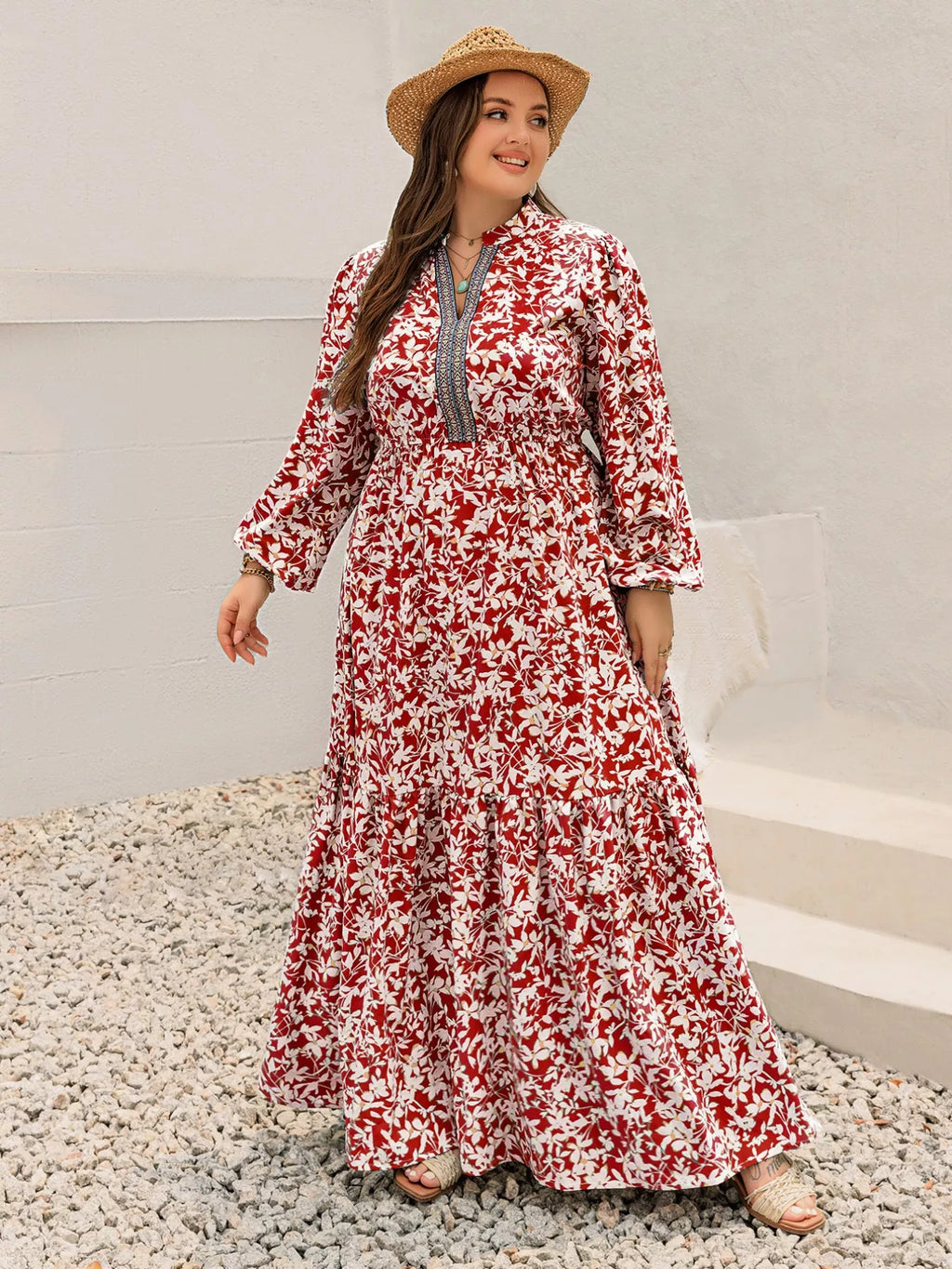 Plus Size Floral Print Long Sleeve Maxi Dress