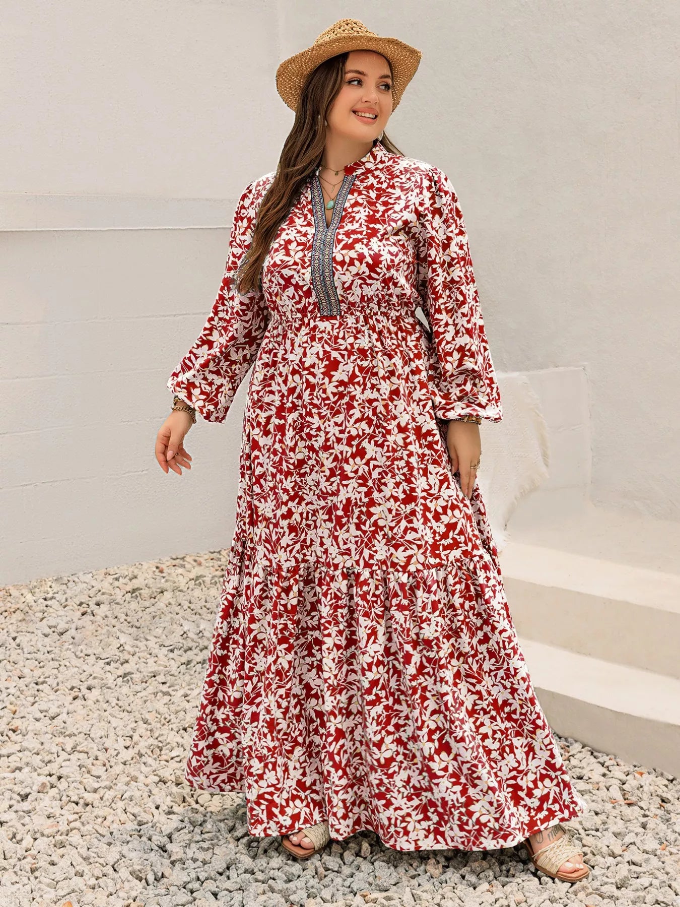 Plus Size Floral Print Long Sleeve Maxi Dress