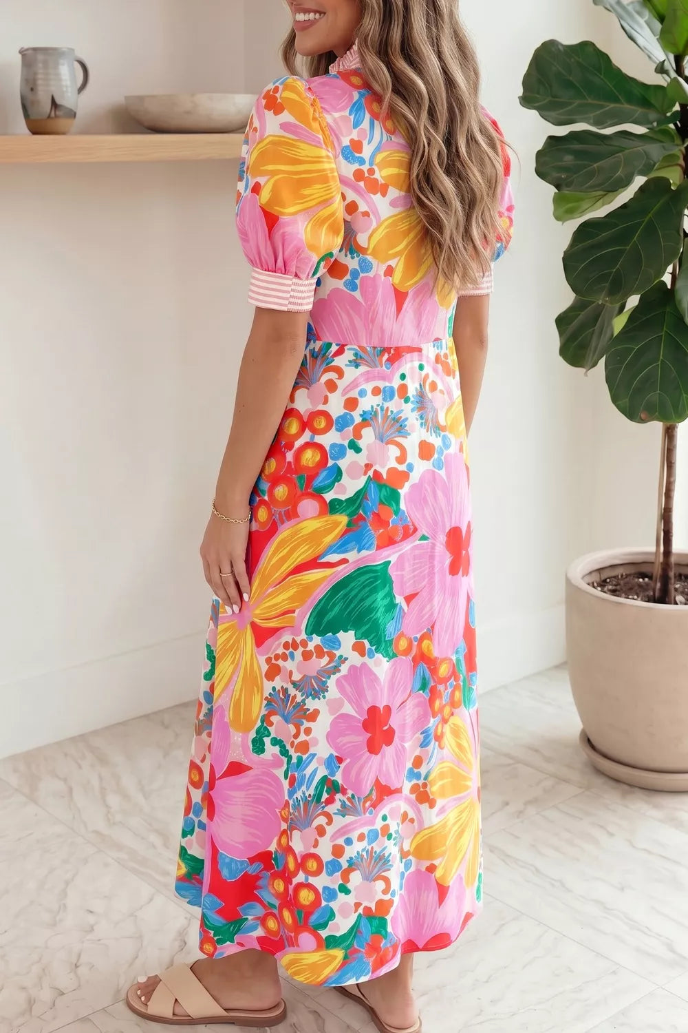 Floral Print Striped Trim Button Down Short Sleeve Maxi Dress