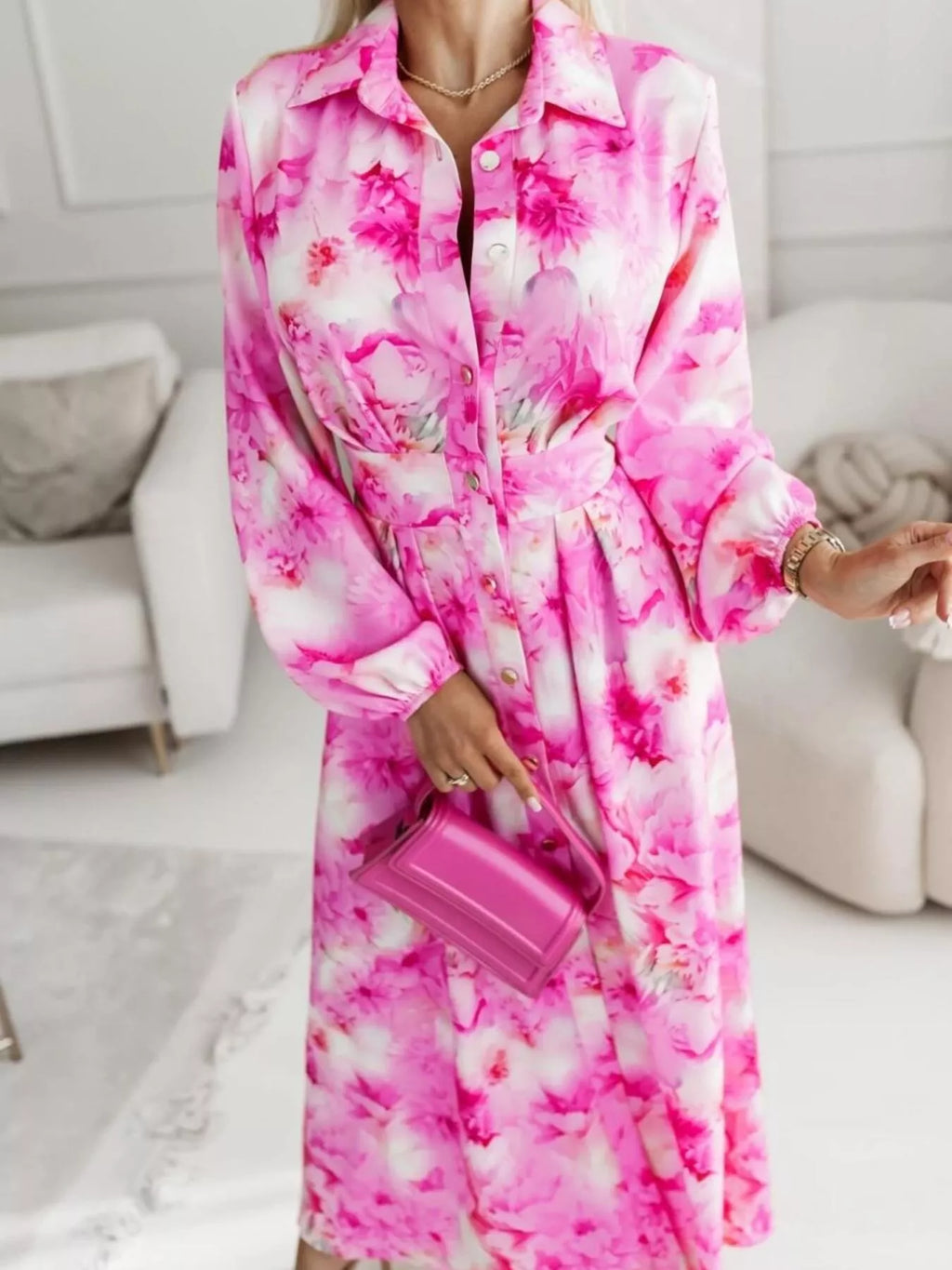 Printed Button Front Maxi Shirt Dress