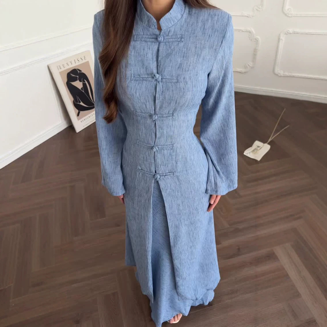 Chinese Frog Button Stand Collar Top & Wide-Leg Maxi Skirt Co-ord Set(MS483)