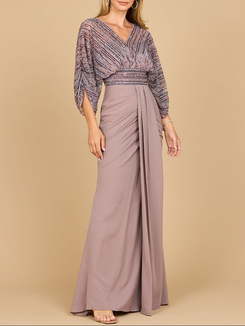 Lara 28950- Draped Skirt Gown with Cape Sleeves