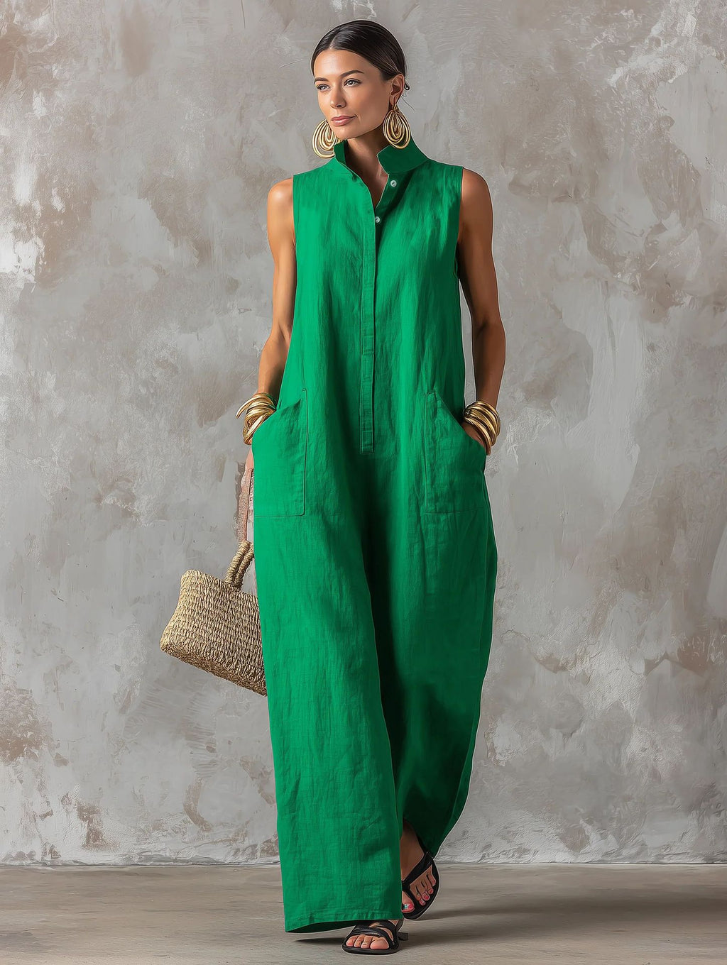 Linen Blend Sleeveless Stand-Collar Jumpsuit – 5 Colors S–3XL