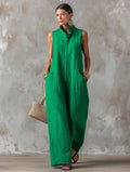 Linen Blend Sleeveless Stand-Collar Jumpsuit – 5 Colors S–3XL