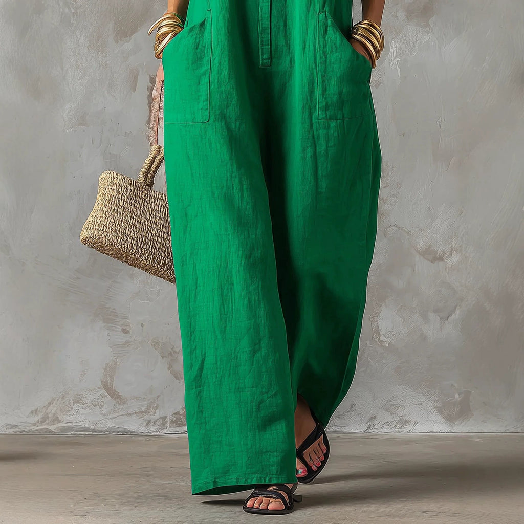 Linen Blend Sleeveless Stand-Collar Jumpsuit – 5 Colors S–3XL