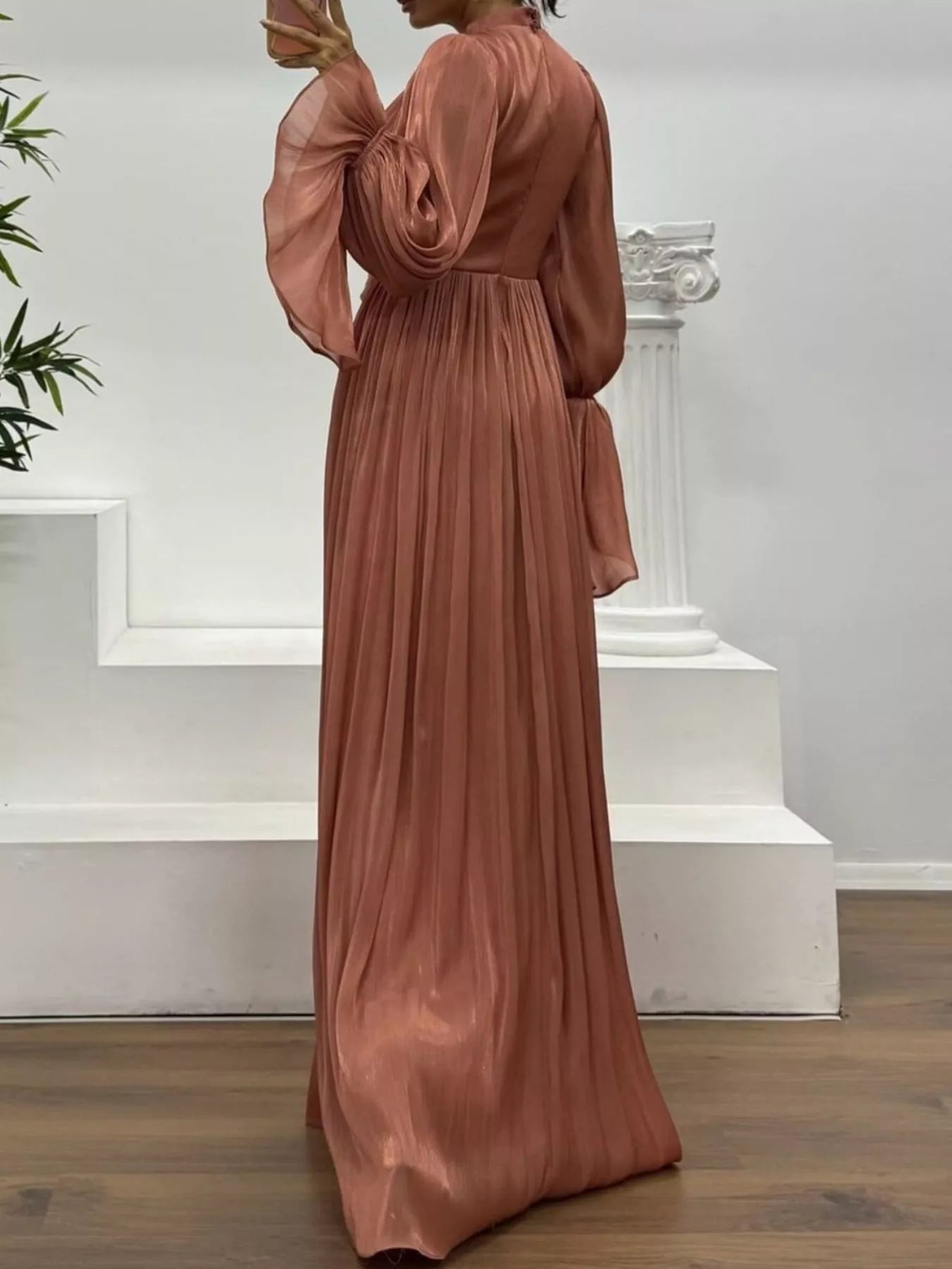 Pleated Mock Neck Long Sleeve Maxi Dress