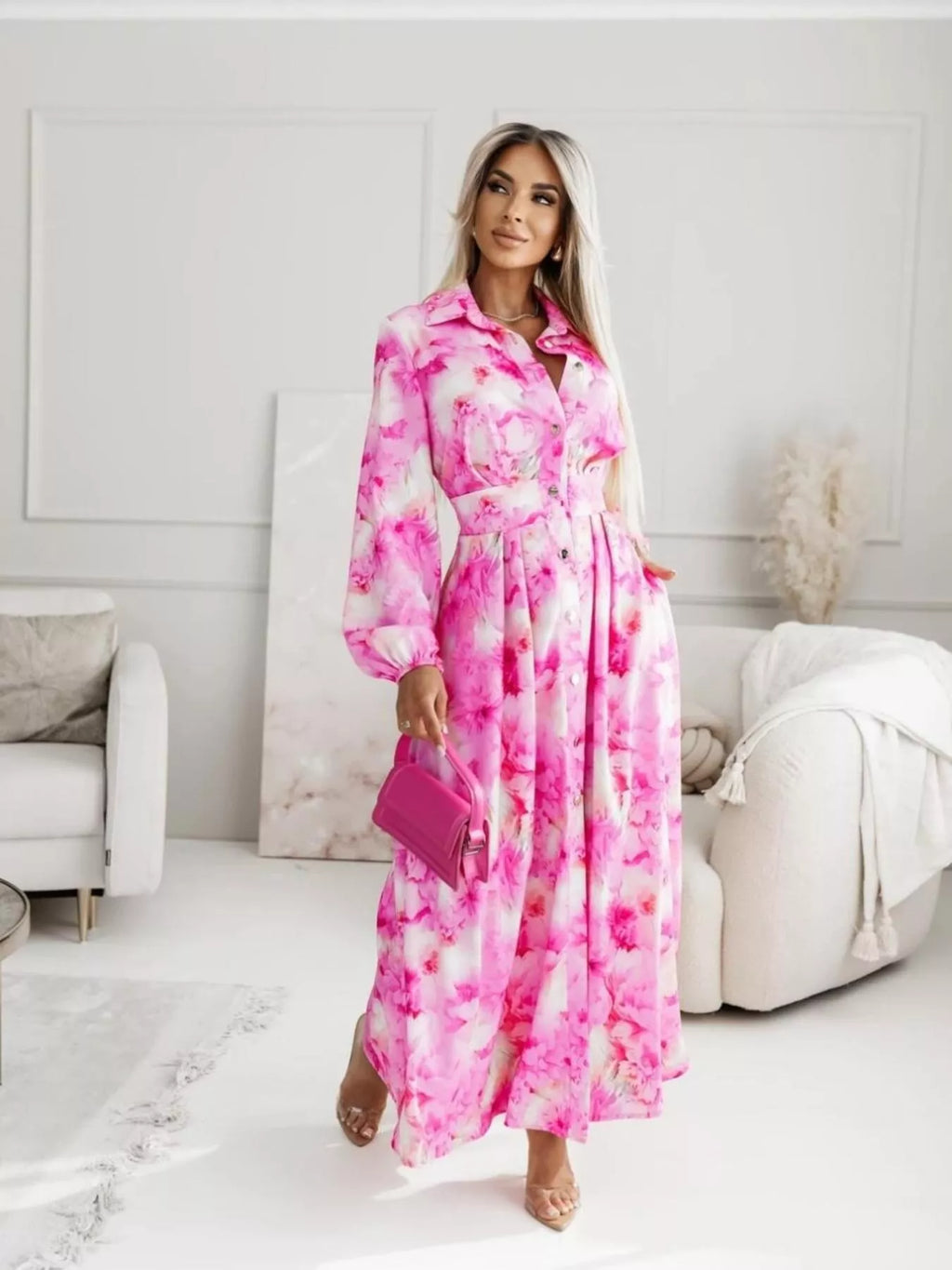 Printed Button Front Maxi Shirt Dress