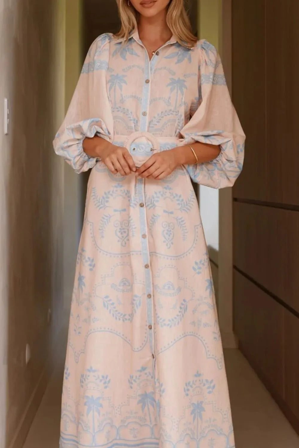 Printed Balloon Sleeve Maxi Shirt Dress
