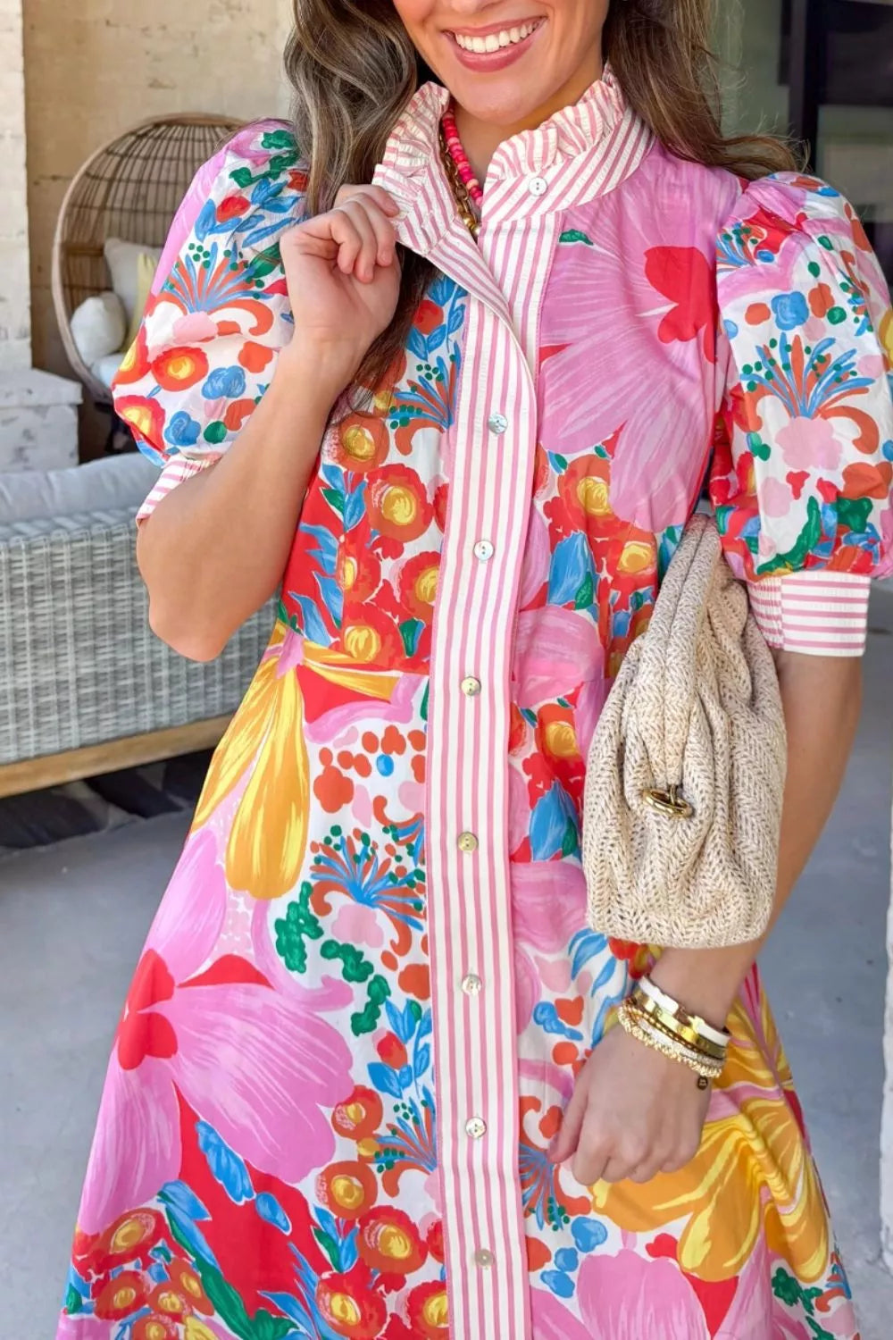 Floral Print Striped Trim Button Down Short Sleeve Maxi Dress