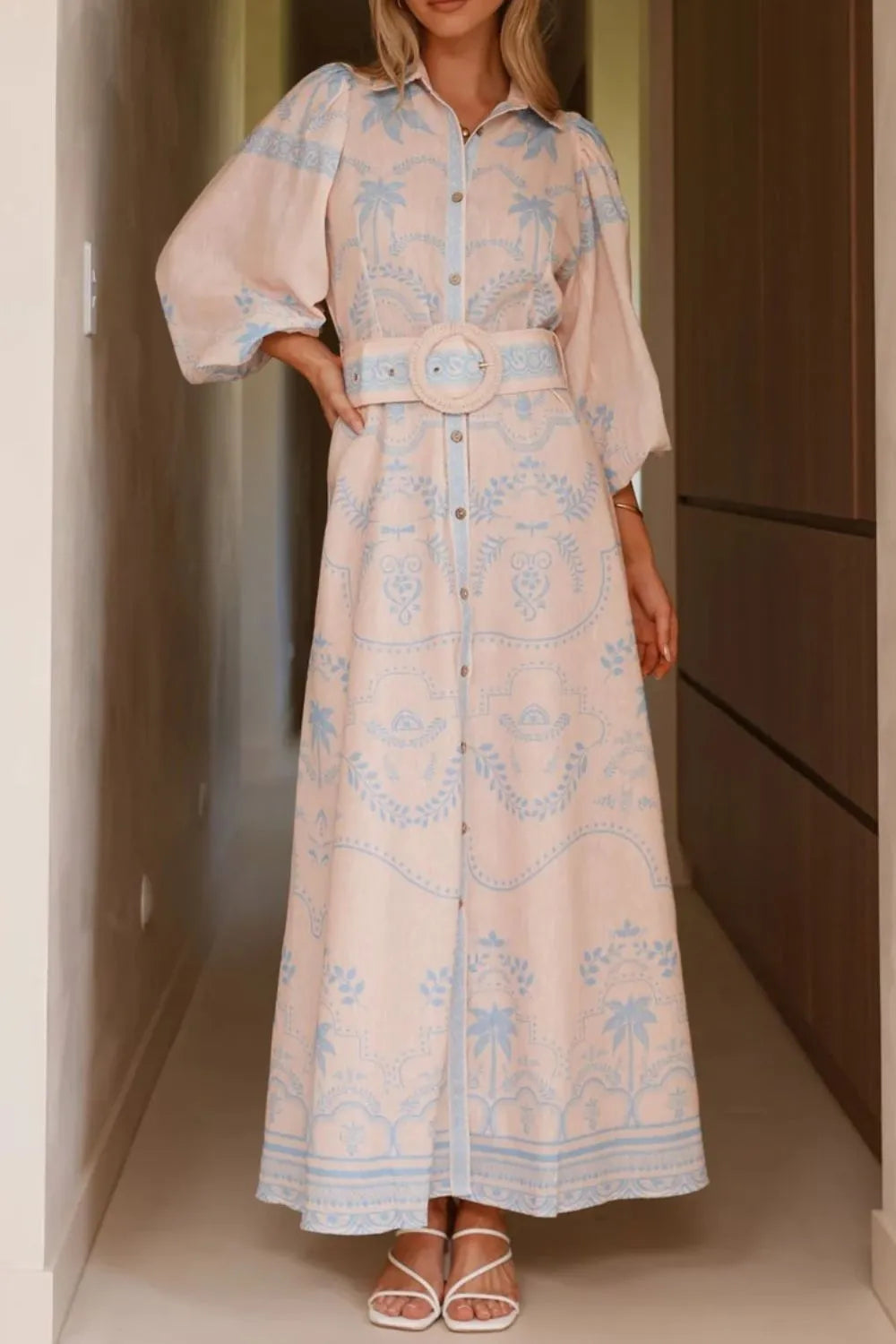 Printed Balloon Sleeve Maxi Shirt Dress