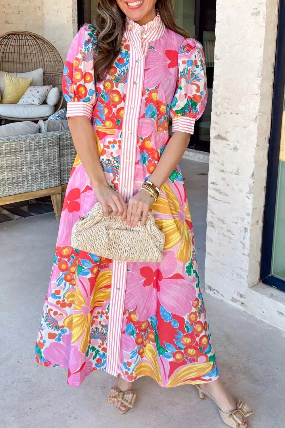 Floral Print Striped Trim Button Down Short Sleeve Maxi Dress