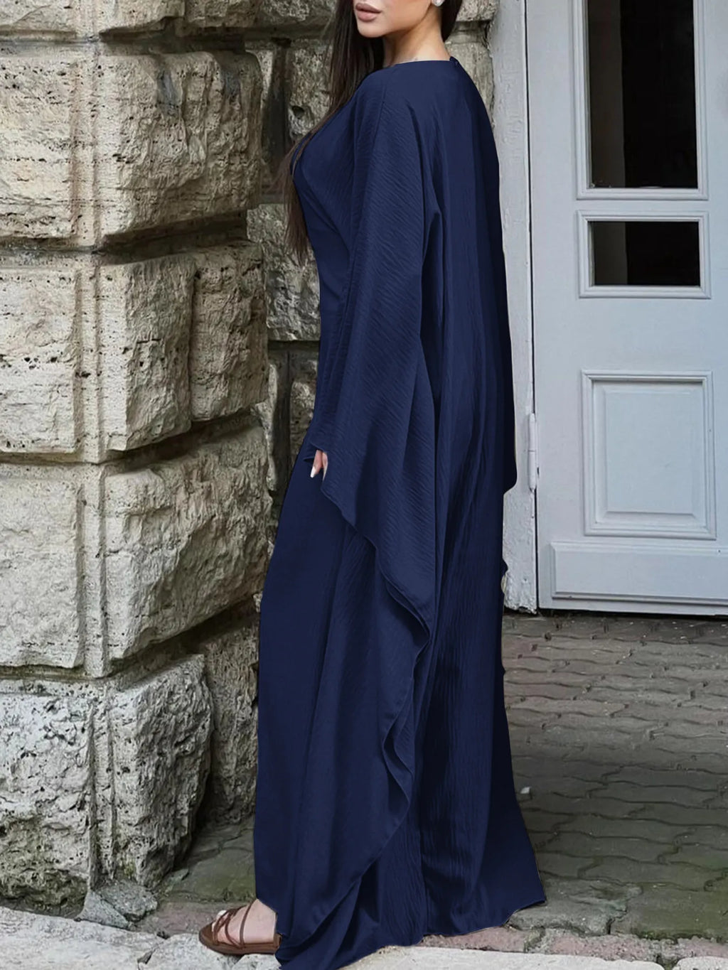 Round Neck Maxi Dress with Flowing Cape Sleeves
