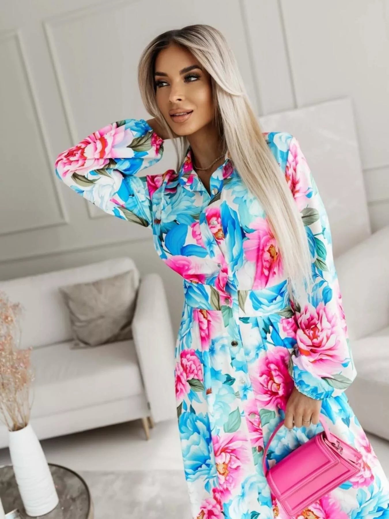 Printed Button Front Maxi Shirt Dress