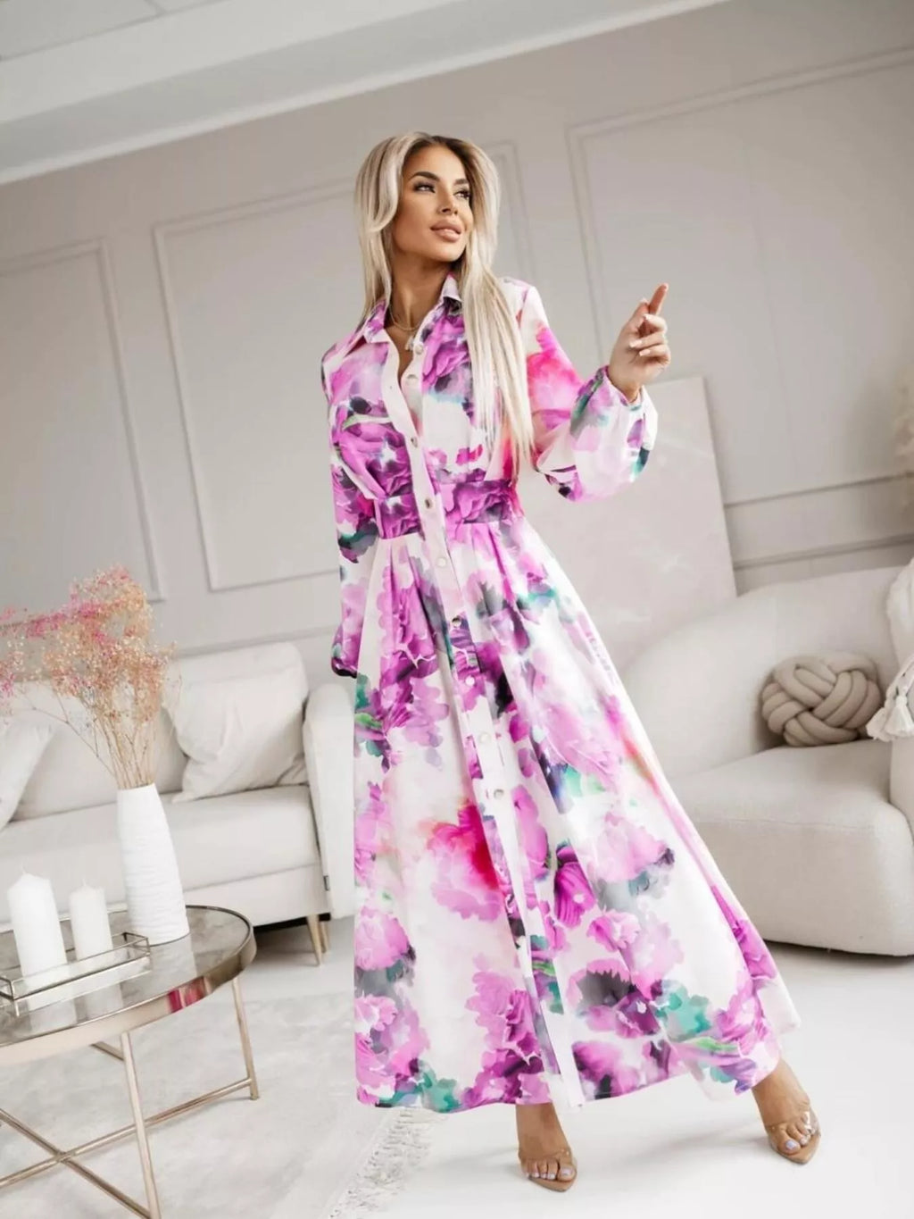 Printed Button Front Maxi Shirt Dress