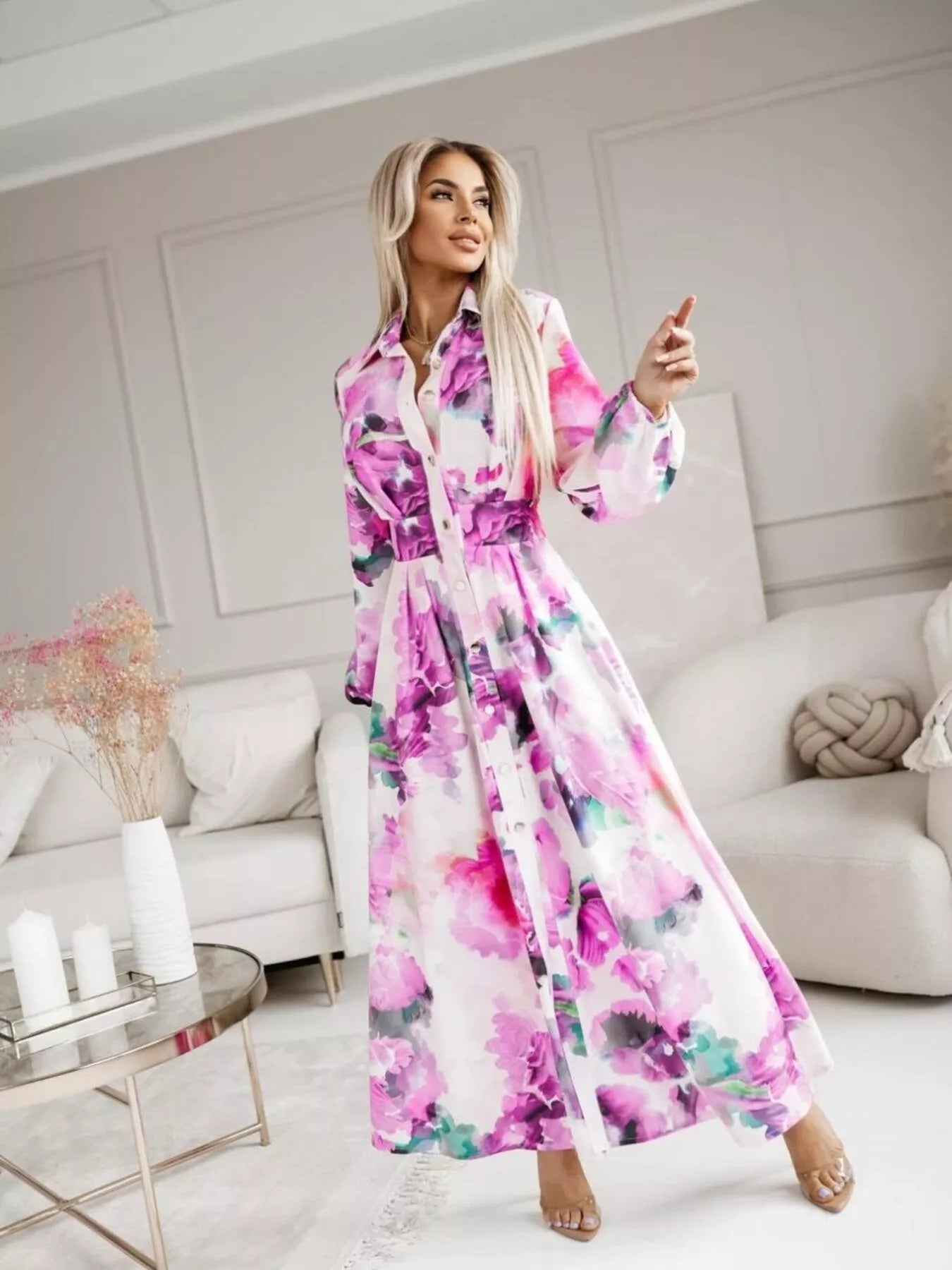 Printed Button Front Maxi Shirt Dress