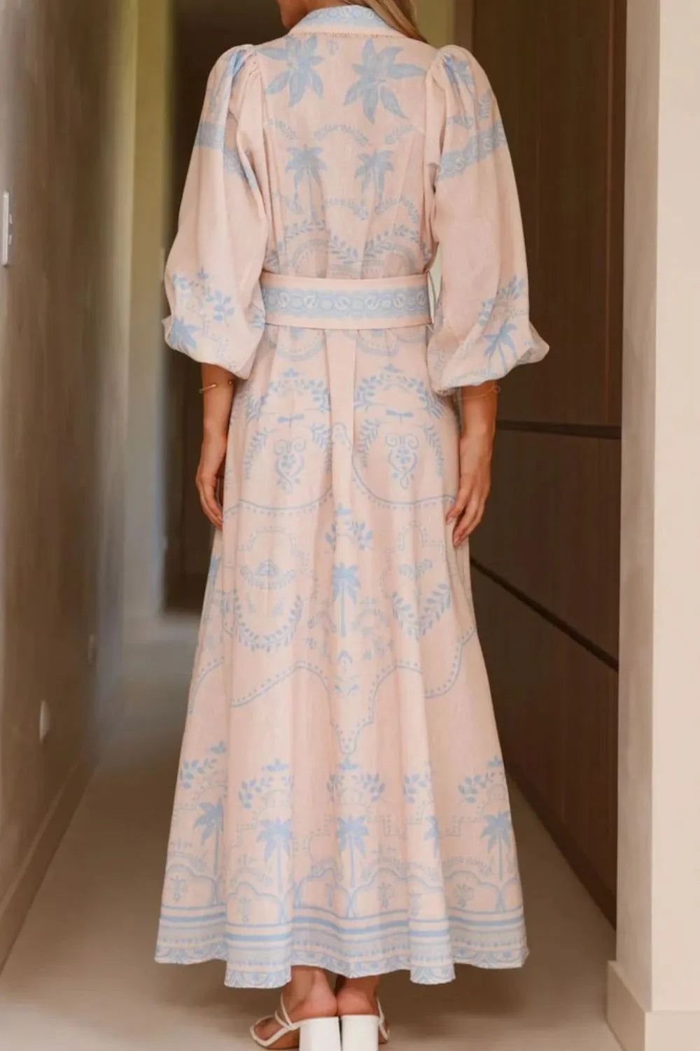 Printed Balloon Sleeve Maxi Shirt Dress