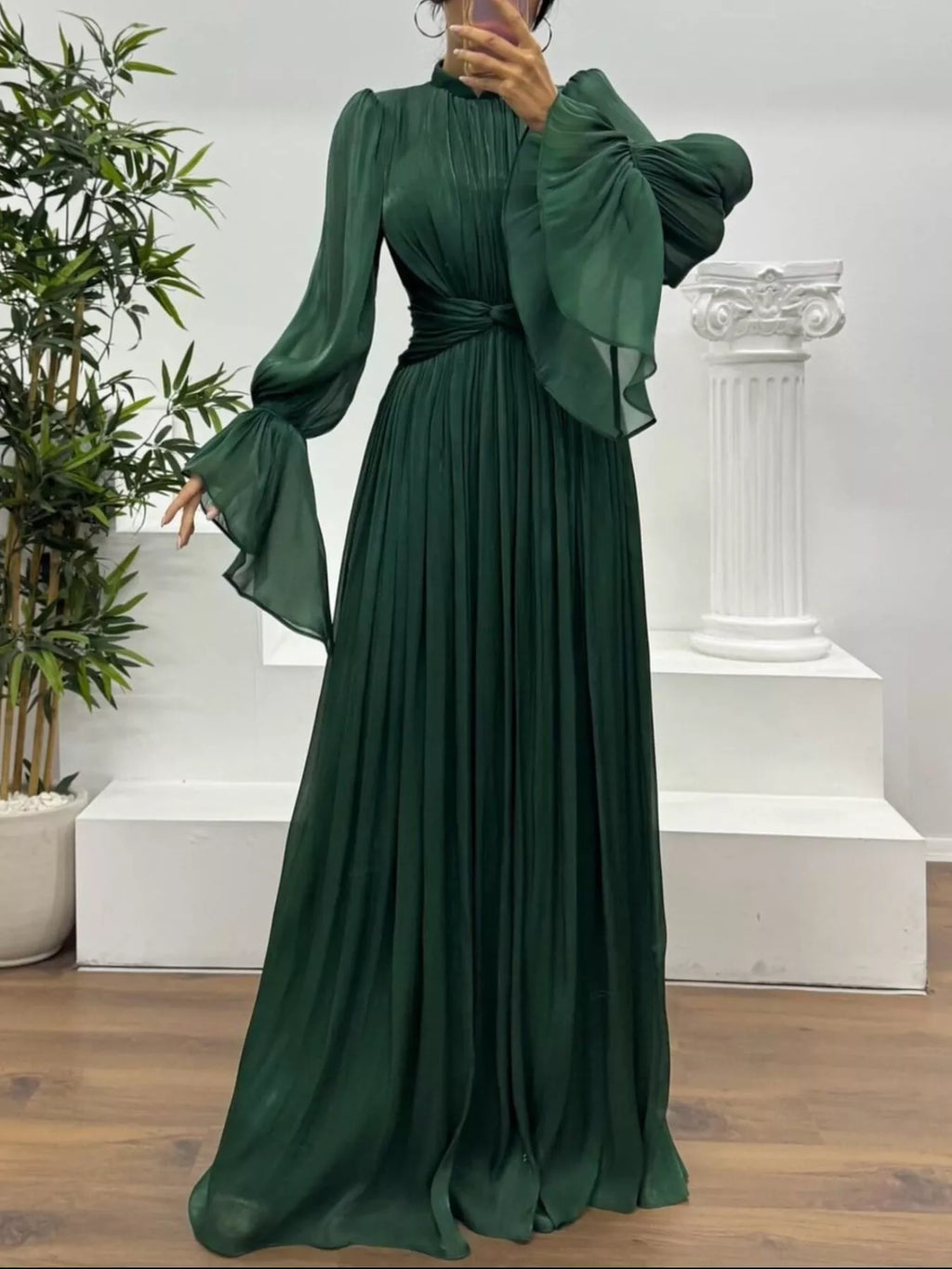 Pleated Mock Neck Long Sleeve Maxi Dress
