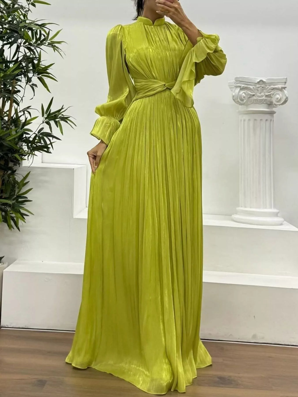 Pleated Mock Neck Long Sleeve Maxi Dress