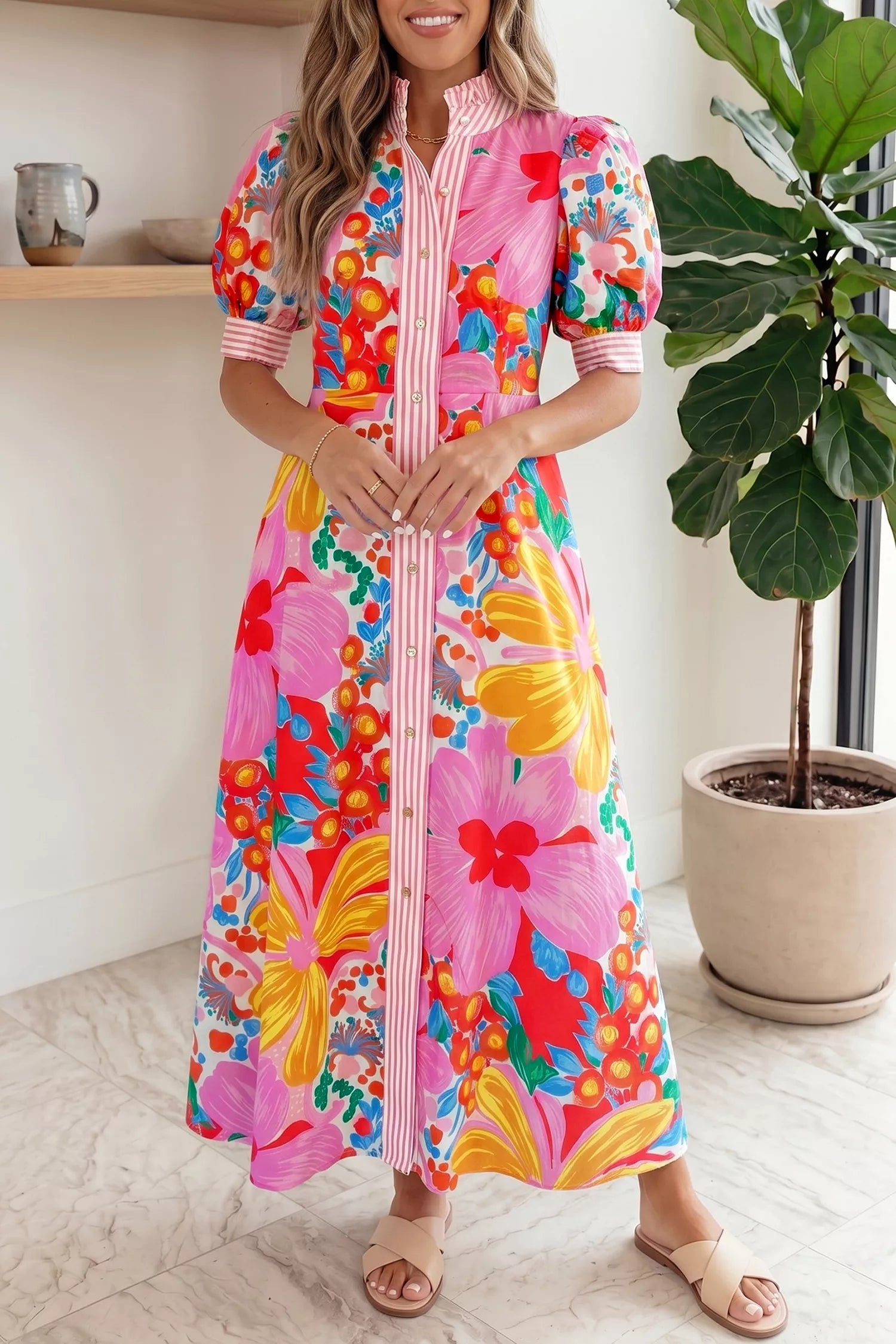 Floral Print Striped Trim Button Down Short Sleeve Maxi Dress