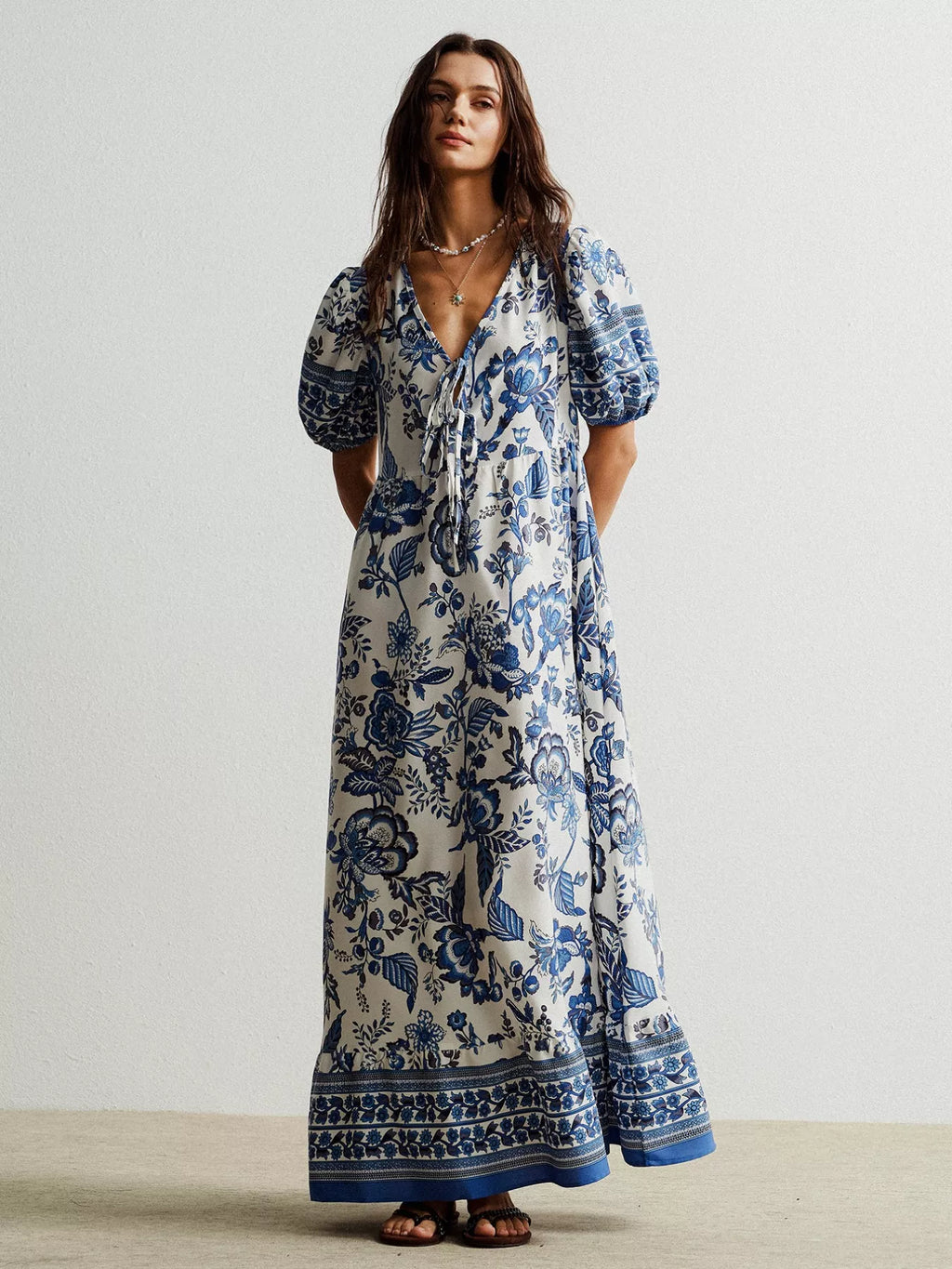 Floral Print Tie-Neck Puff Sleeve Maxi Dress
