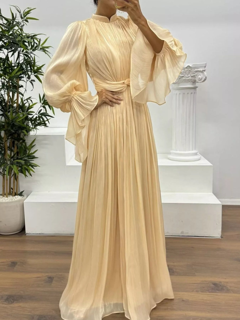 Pleated Mock Neck Long Sleeve Maxi Dress