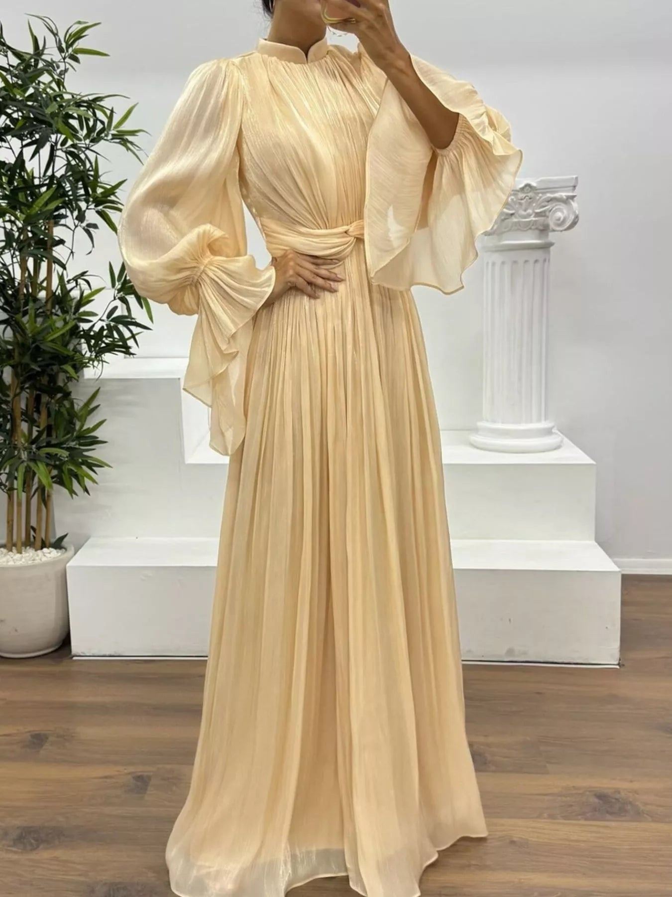 Pleated Mock Neck Long Sleeve Maxi Dress
