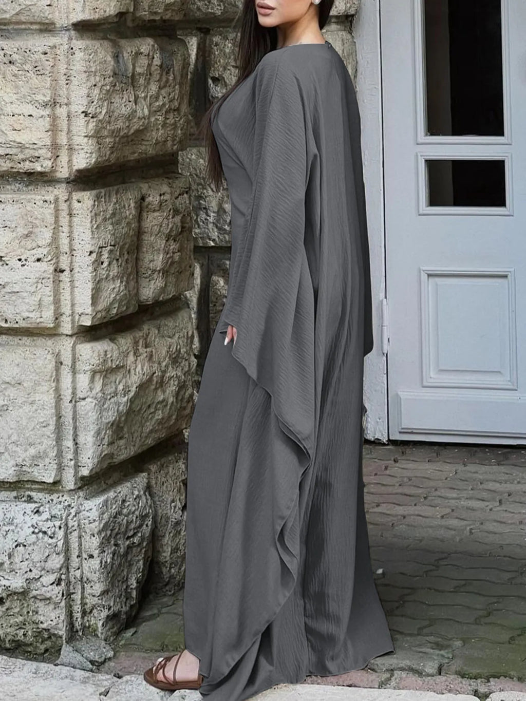 Round Neck Maxi Dress with Flowing Cape Sleeves