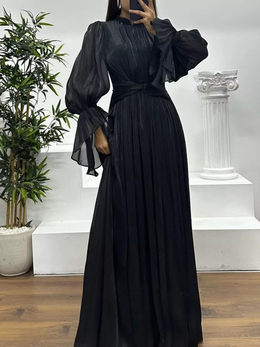 Pleated Mock Neck Long Sleeve Maxi Dress