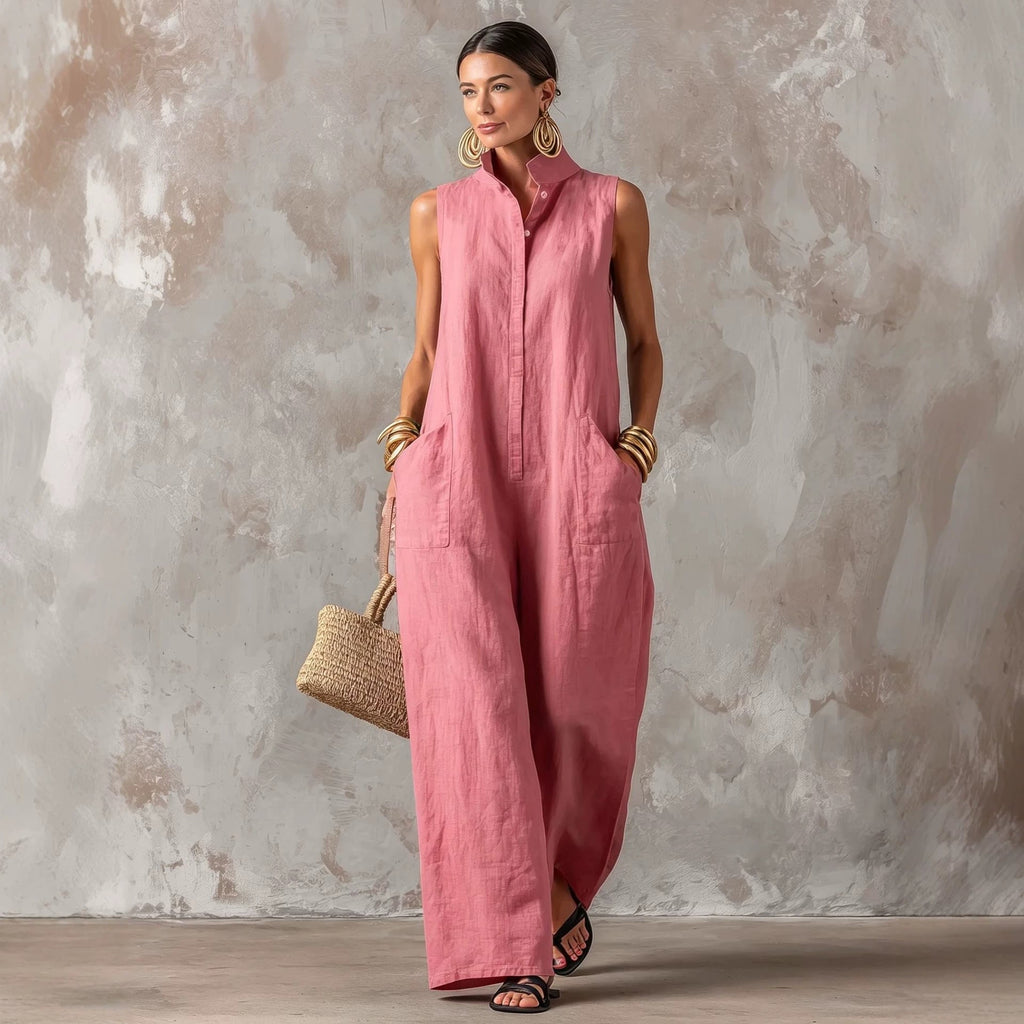 Linen Blend Sleeveless Stand-Collar Jumpsuit – 5 Colors S–3XL