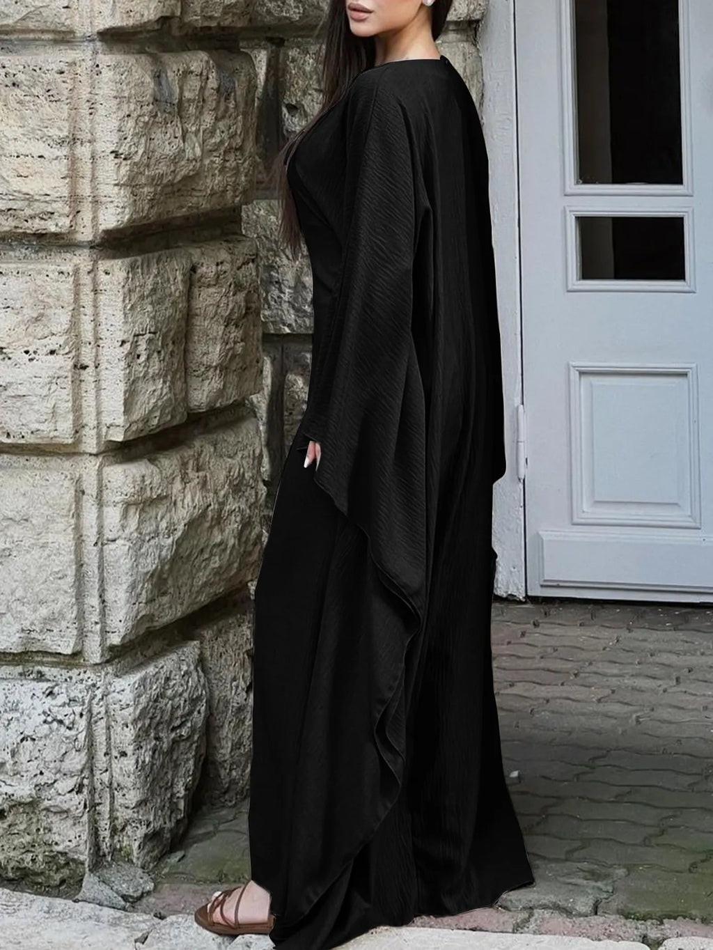 Round Neck Maxi Dress with Flowing Cape Sleeves