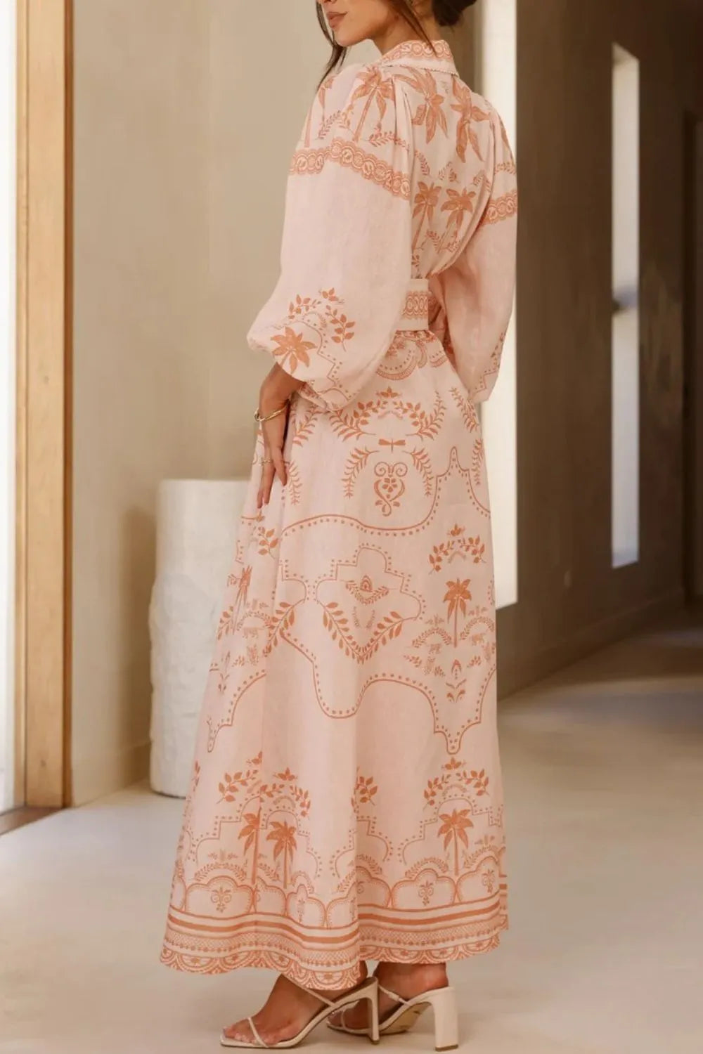 Printed Balloon Sleeve Maxi Shirt Dress