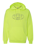 A neon yellow-green pullover hoodie with a gray graphic on the chest reading 'OFF THE GRID DESIGNED IN T' inside an oval, shown on a plain white background.