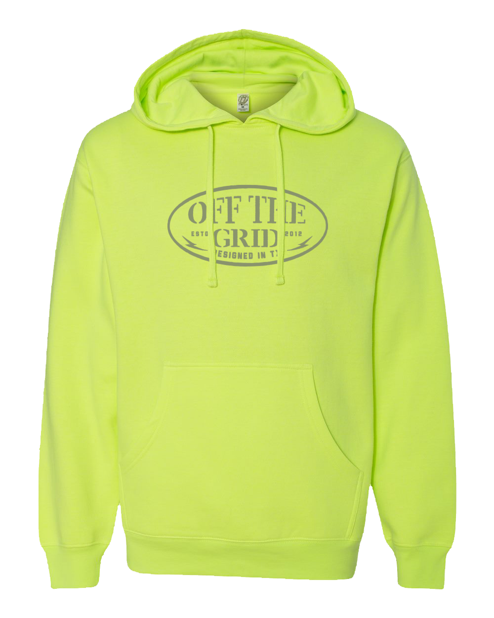 A neon yellow-green pullover hoodie with a gray graphic on the chest reading 'OFF THE GRID DESIGNED IN T' inside an oval, shown on a plain white background.