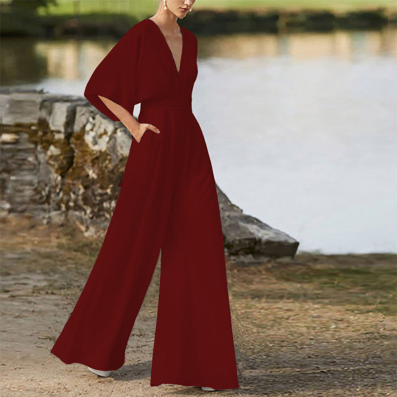 Summer Women Dress Jumpsuit Deep V Plunge High Waist Wide Leg Trousers