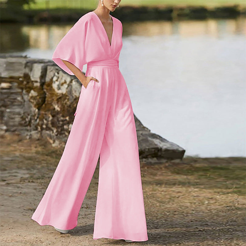 Summer Women Dress Jumpsuit Deep V Plunge High Waist Wide Leg Trousers
