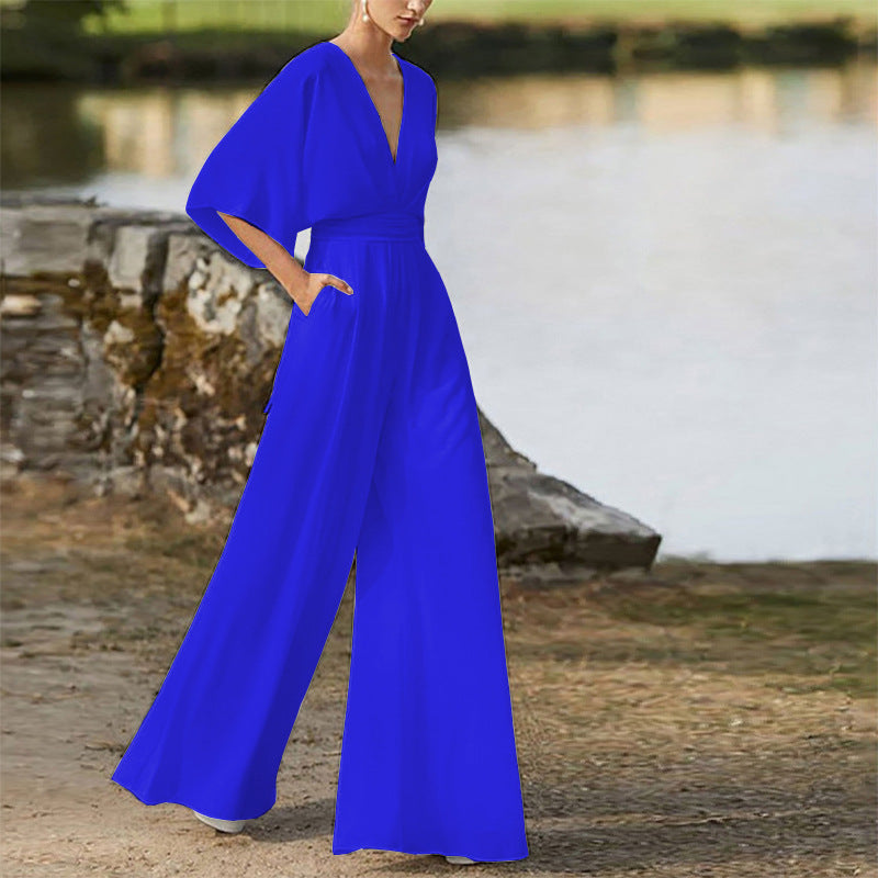 Summer Women Dress Jumpsuit Deep V Plunge High Waist Wide Leg Trousers