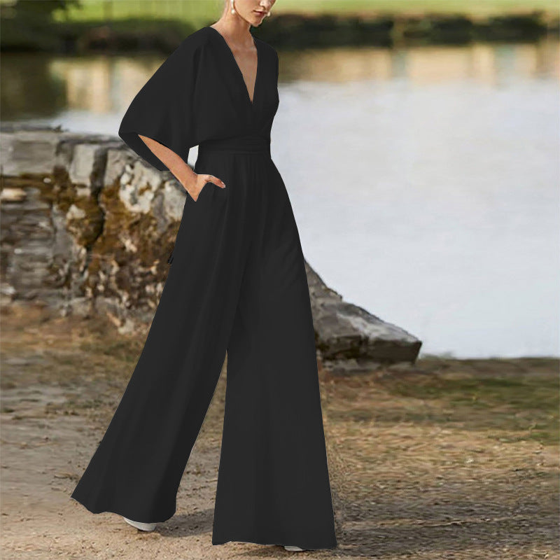 Summer Women Dress Jumpsuit Deep V Plunge High Waist Wide Leg Trousers