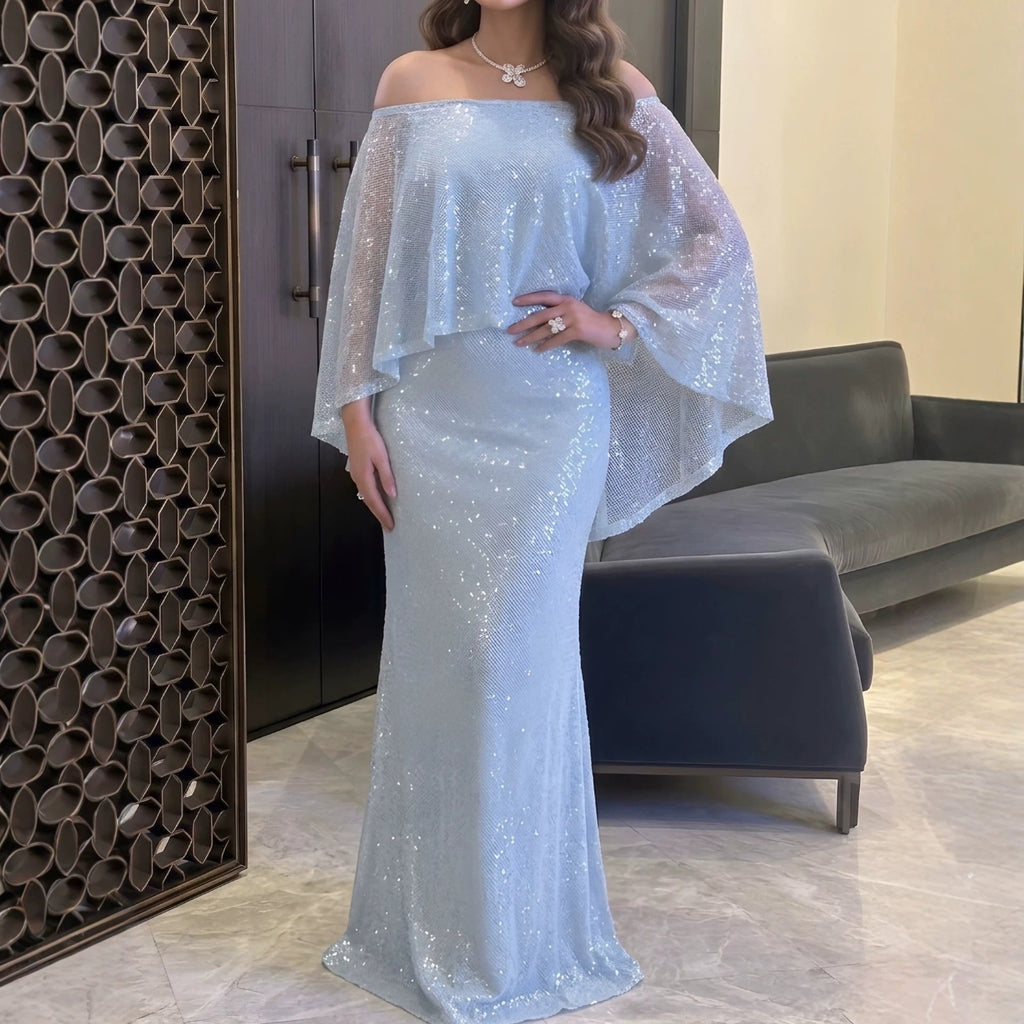 Spring Summer Women off the Shoulder Sequin Dress Ball Dress