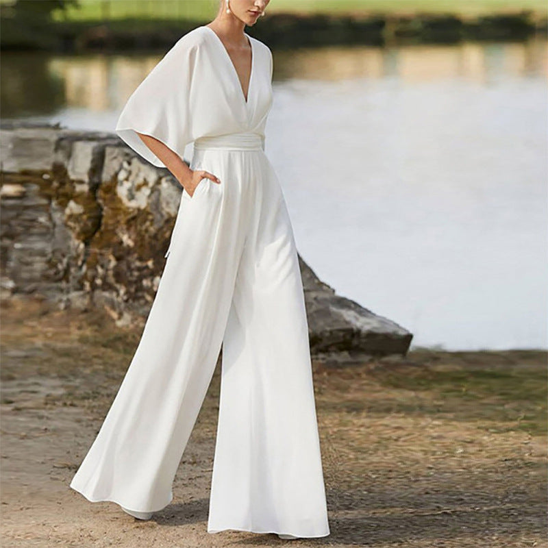 Summer Women Dress Jumpsuit Deep V Plunge High Waist Wide Leg Trousers
