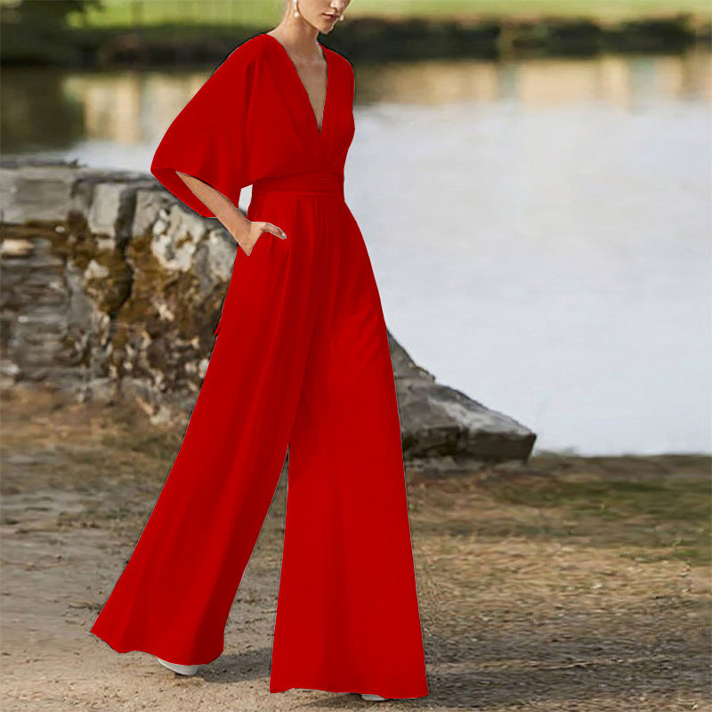 Summer Women Dress Jumpsuit Deep V Plunge High Waist Wide Leg Trousers
