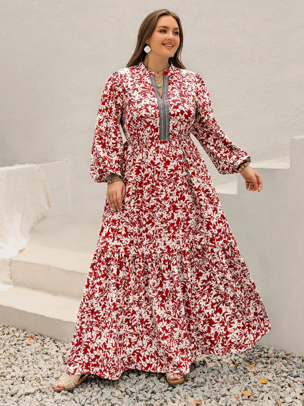 Plus Size Floral Print Long Sleeve Maxi Dress