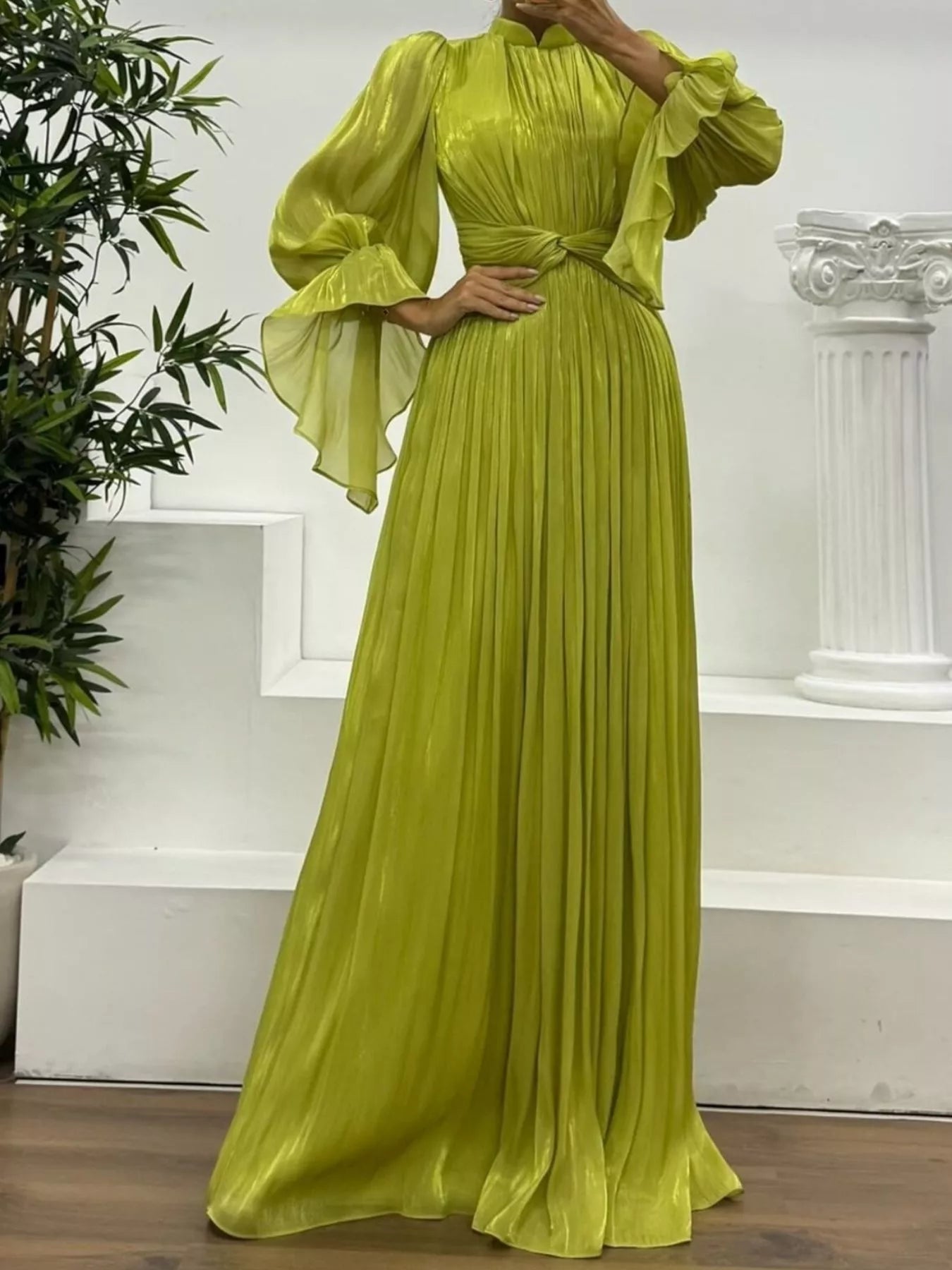 Pleated Mock Neck Long Sleeve Maxi Dress