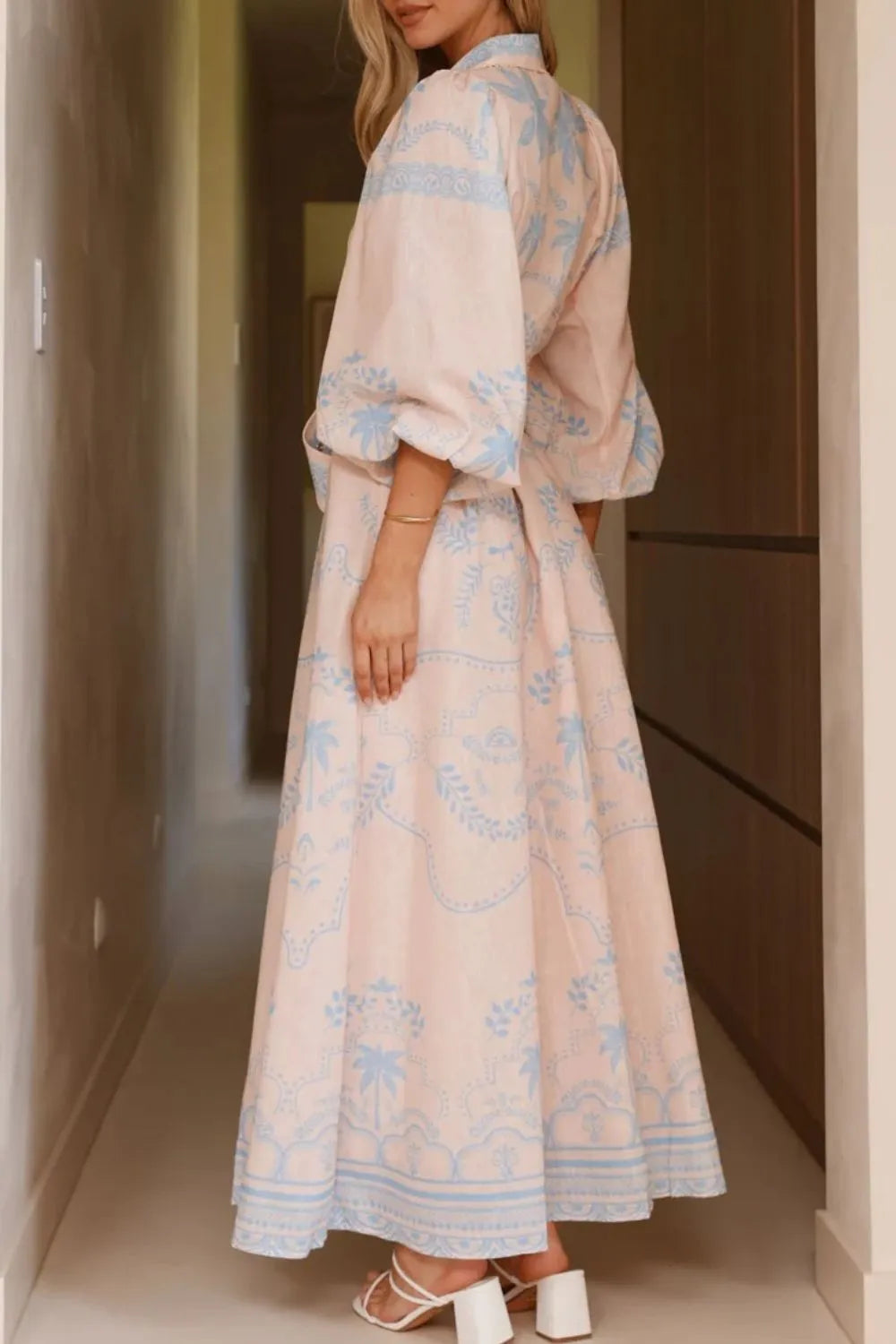 Printed Balloon Sleeve Maxi Shirt Dress