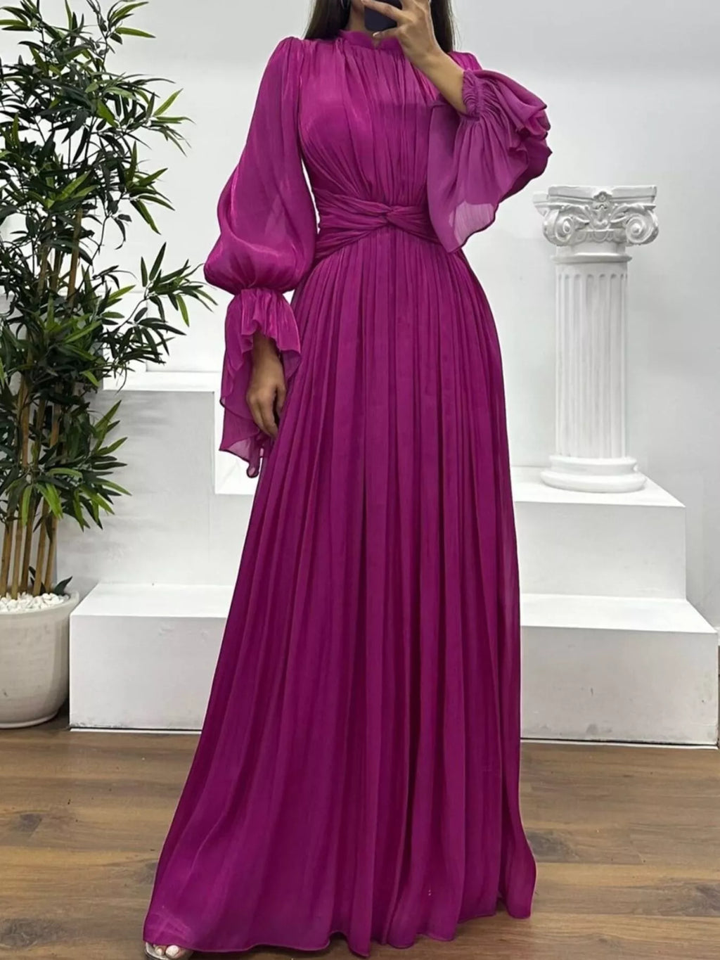 Pleated Mock Neck Long Sleeve Maxi Dress