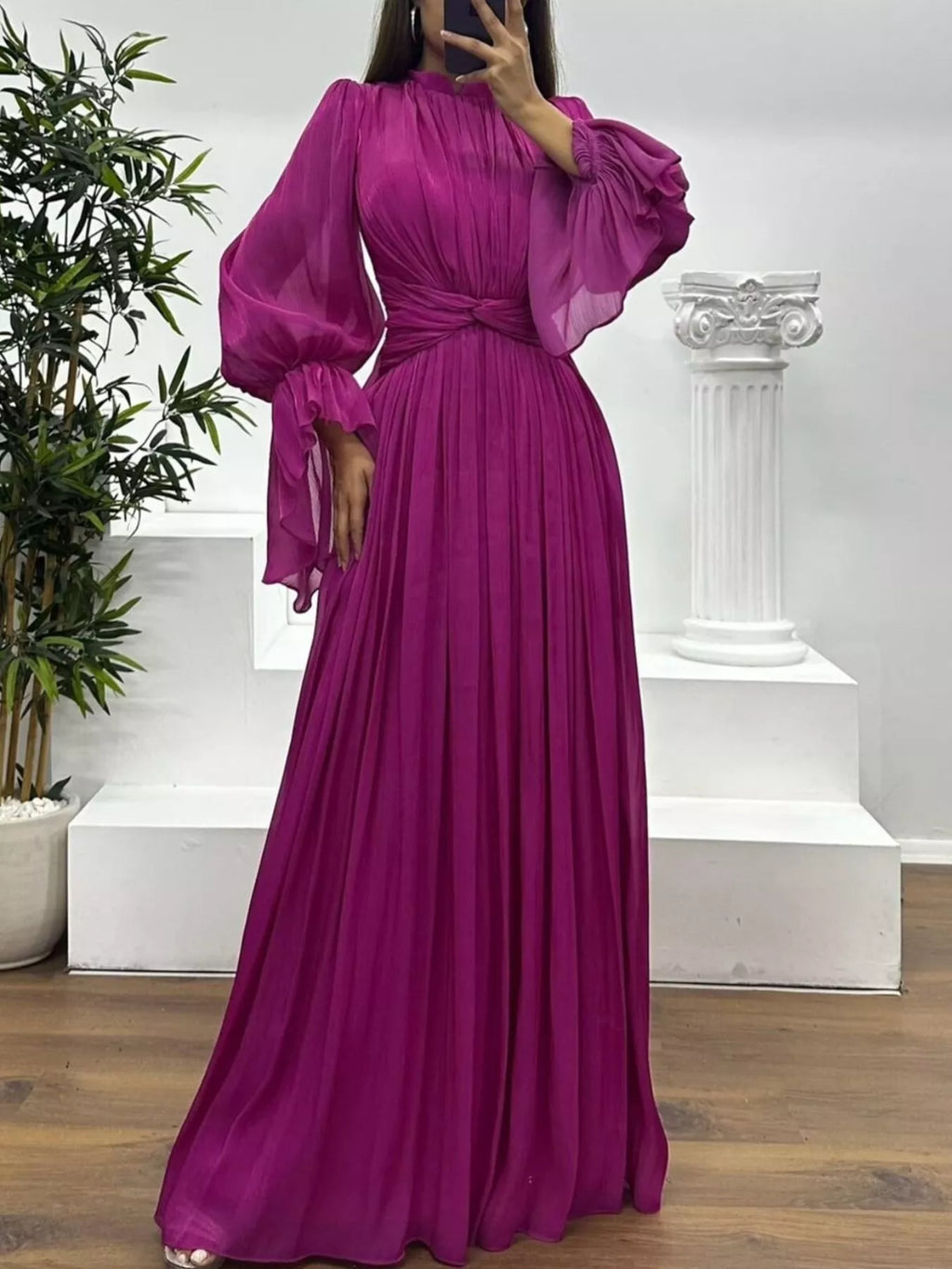 Pleated Mock Neck Long Sleeve Maxi Dress