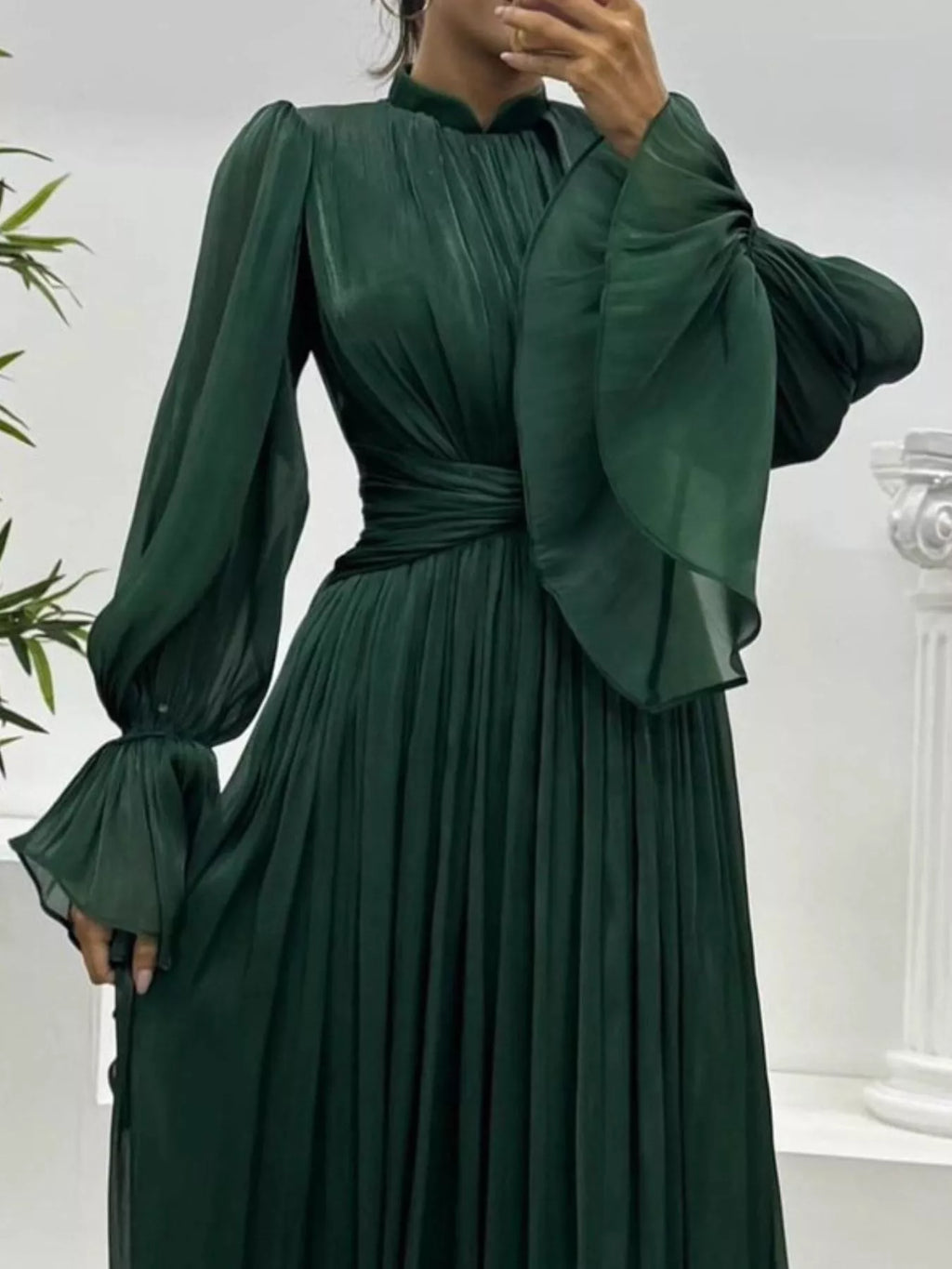 Pleated Mock Neck Long Sleeve Maxi Dress