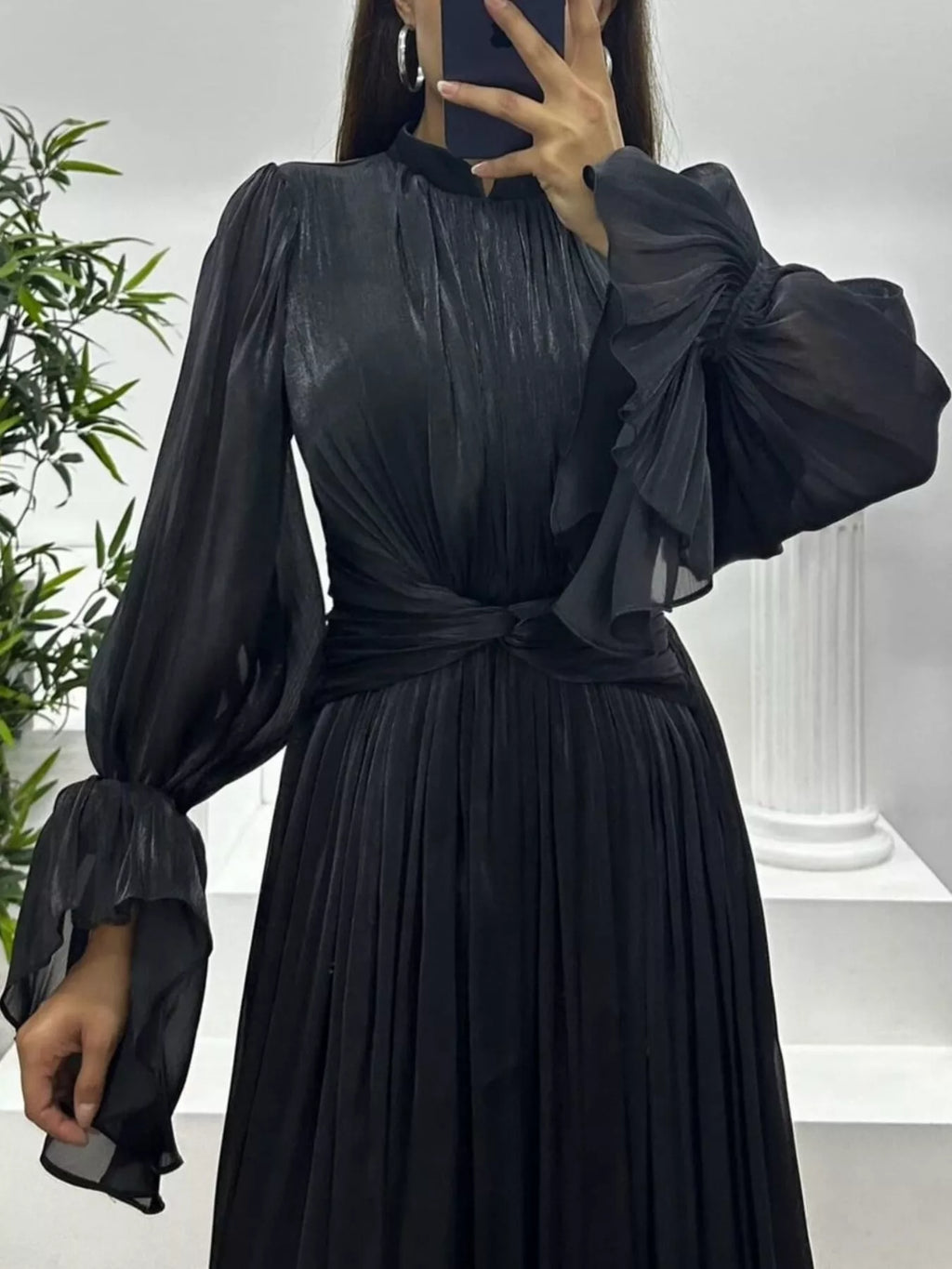 Pleated Mock Neck Long Sleeve Maxi Dress