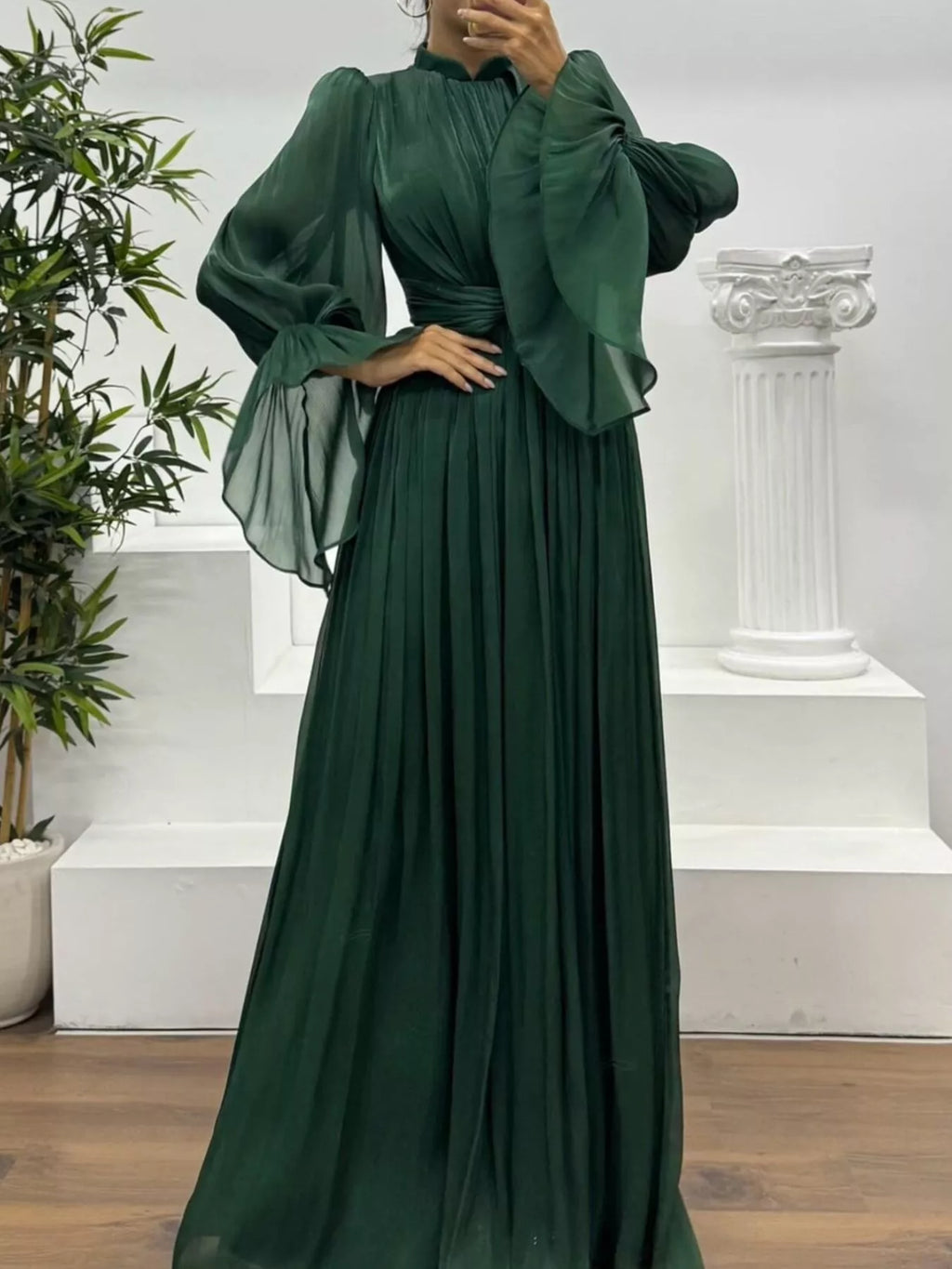 Pleated Mock Neck Long Sleeve Maxi Dress